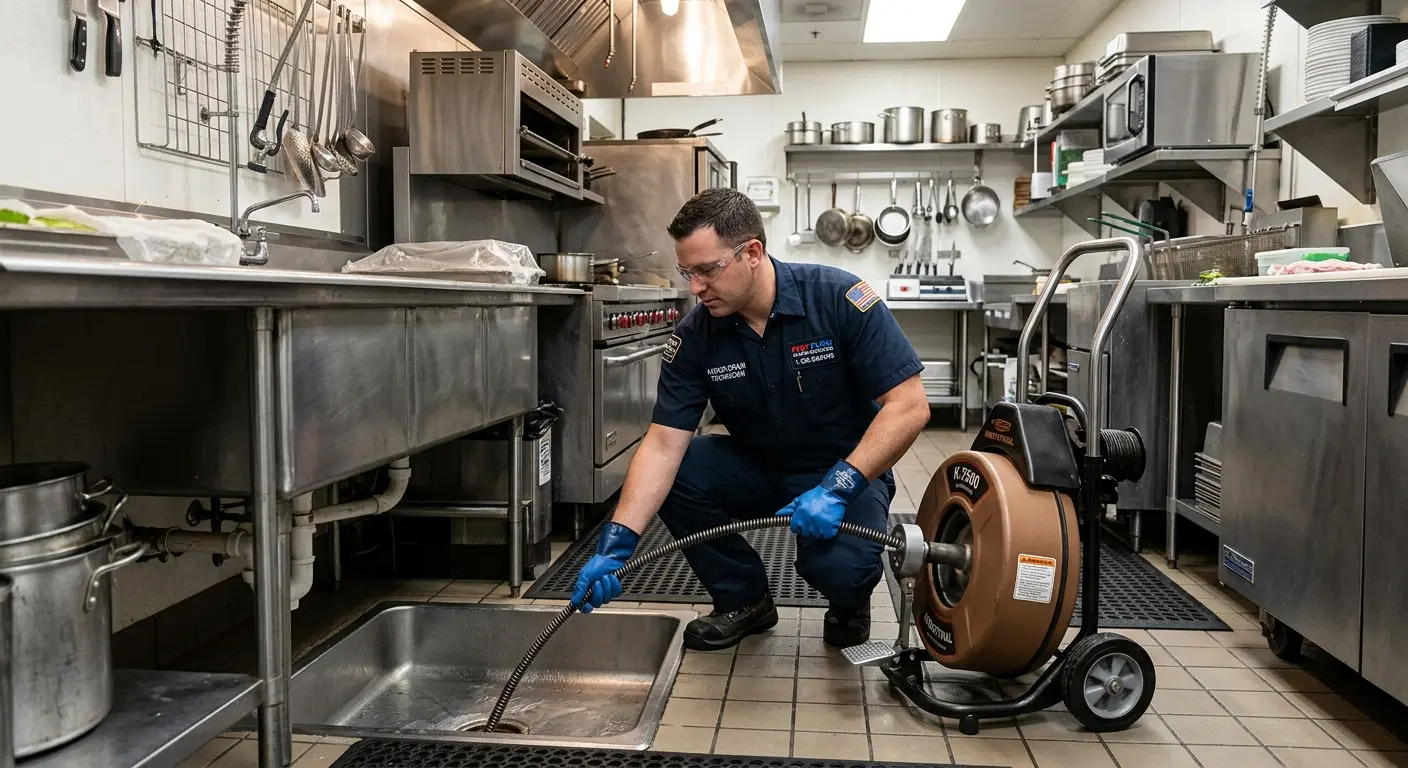Commercial drain cleaning service in a restaurant kitchen in Bath