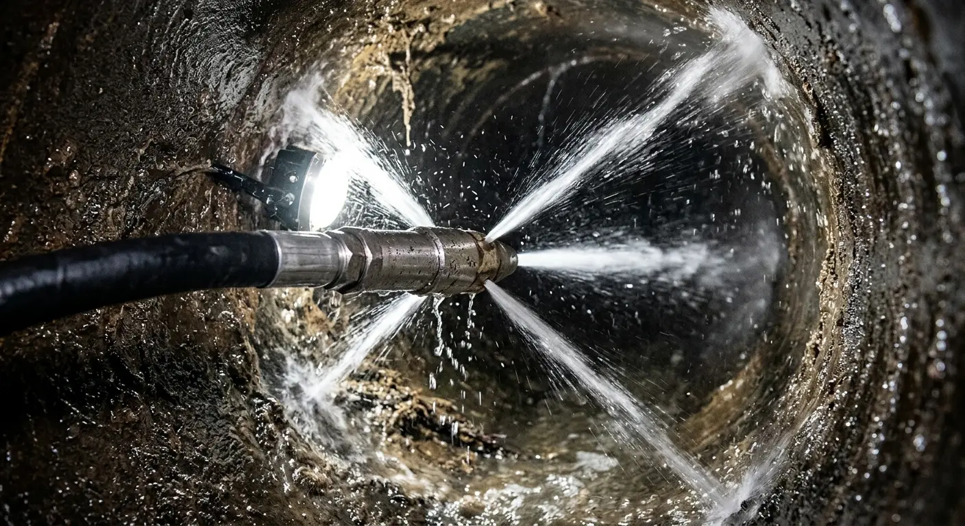 High-pressure hydro jetting nozzle cleaning sewer pipe for Emergency Drain Service in Bath