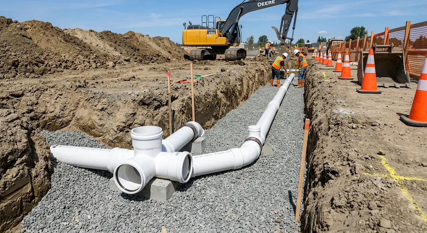 New PVC sewer pipe installation in open trench for Sewer Backup in Bath